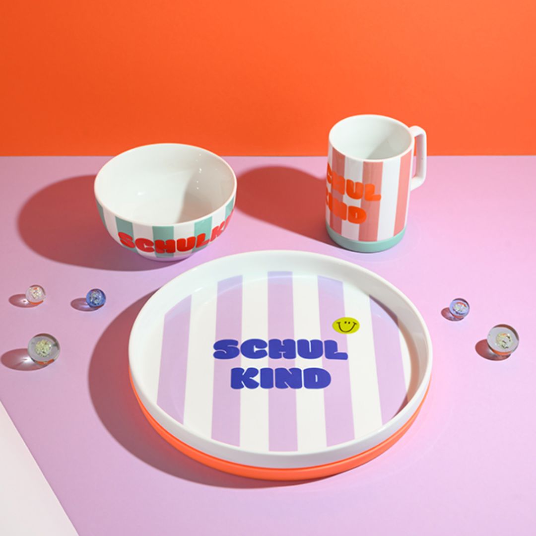 Porzellan-Set Schulkind Streifen flieder/blau