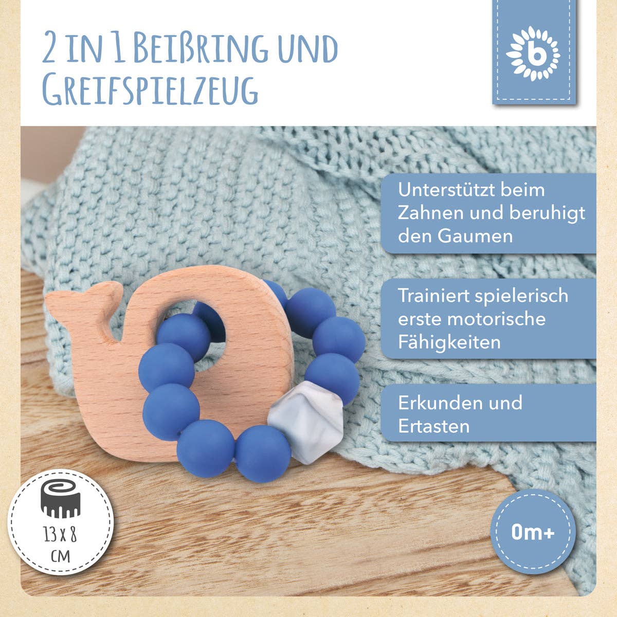 Beißring Wal aus Naturholz mit Silikonkette blau