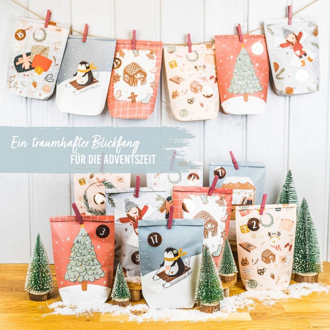 Adventskalender mit bedruckten Tüten 'Eisblau'