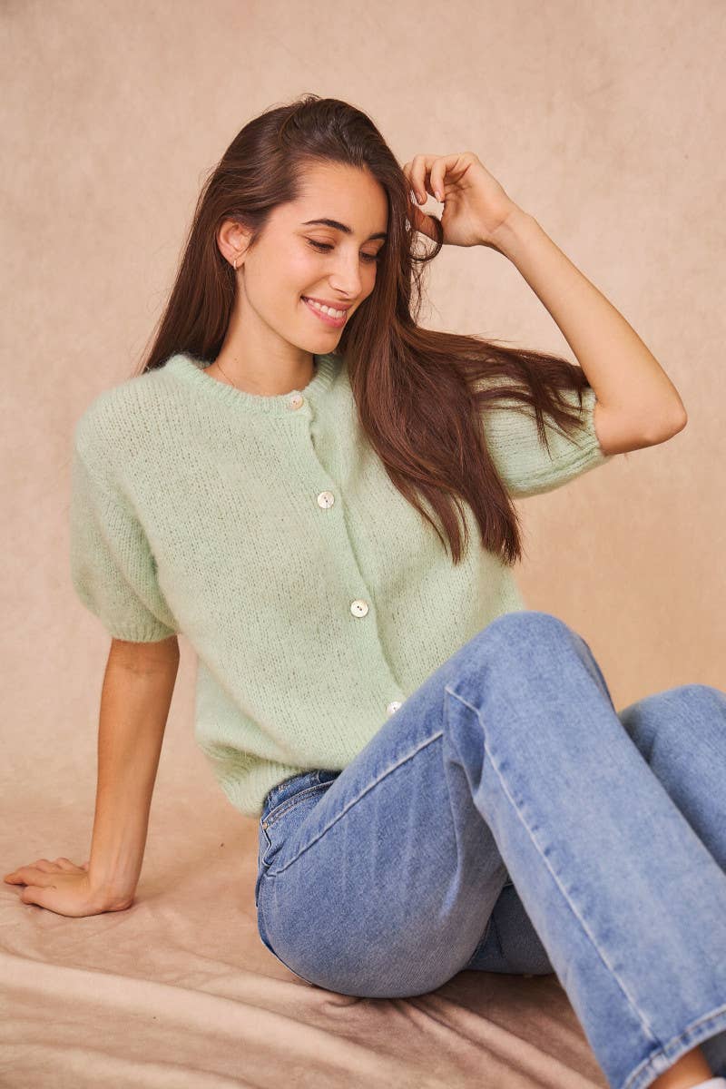 Kurzärmelige Kid-Mohair-Strickjacke mint