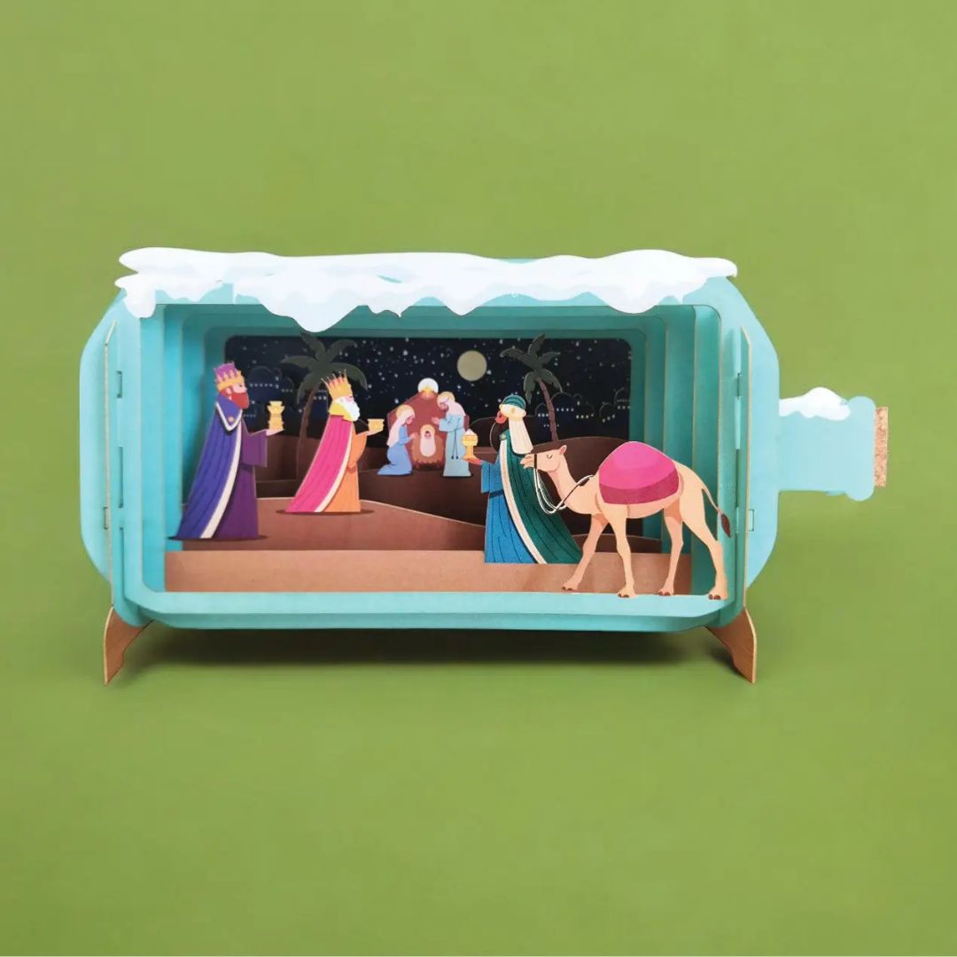 Dimensionale Pop Up Weihnachtskarte mit Umschlag 'Krippe türkis'