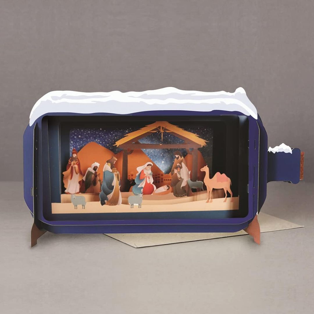 Dimensionale Pop Up Weihnachtskarte mit Umschlag 'Krippe blau'