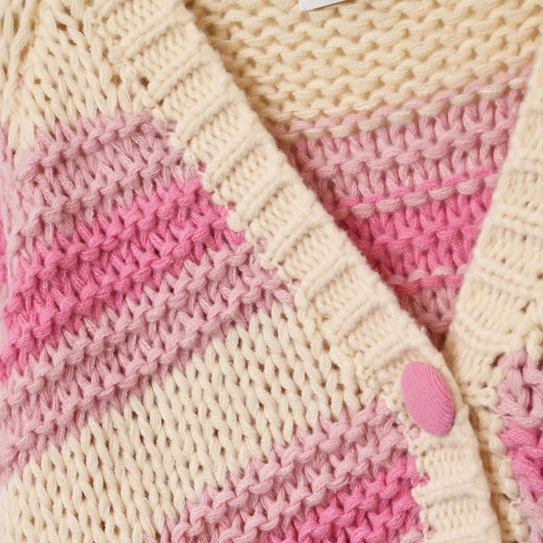 Damen Grobstrick-Cardigan mit Streifen rosa/creme