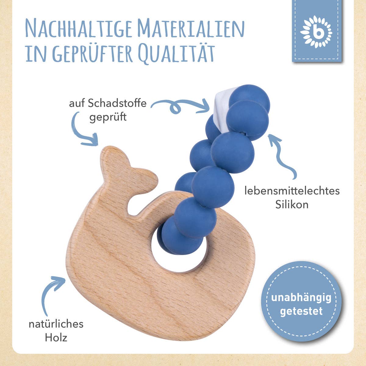 Beißring Wal aus Naturholz mit Silikonkette blau