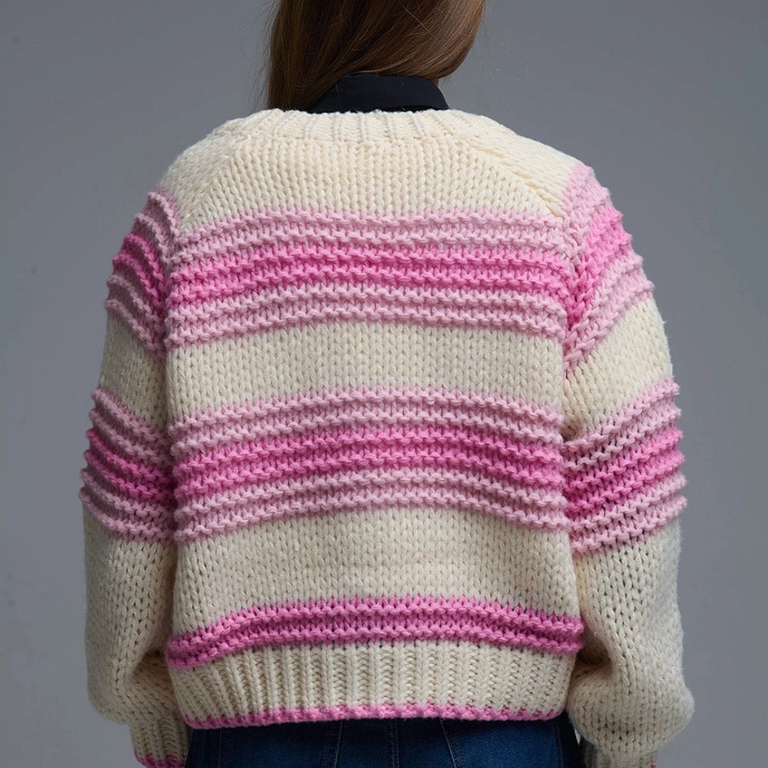 Damen Grobstrick-Cardigan mit Streifen rosa/creme