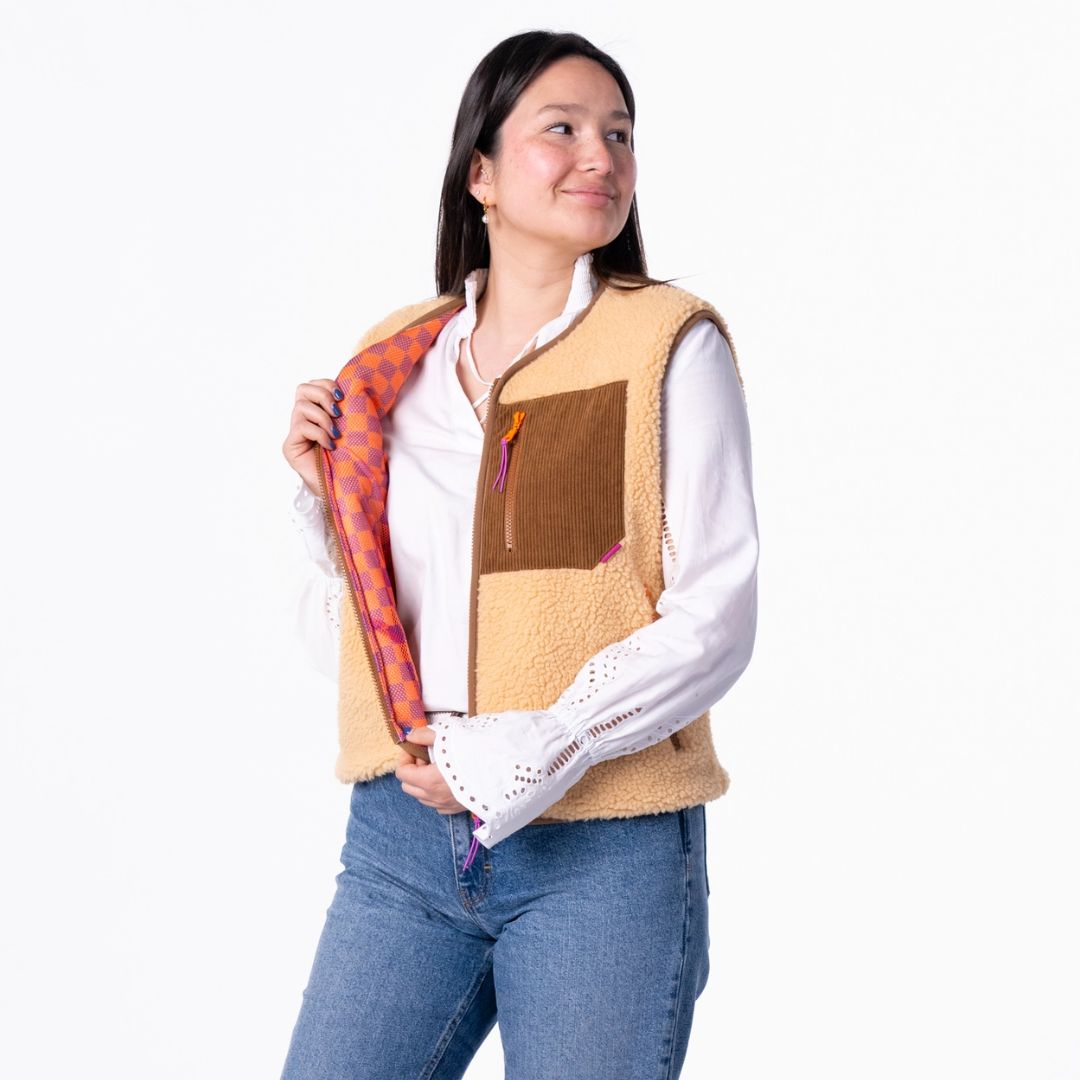 Ärmellose Damen-Sherpa-Weste mit Reißverschluss beige