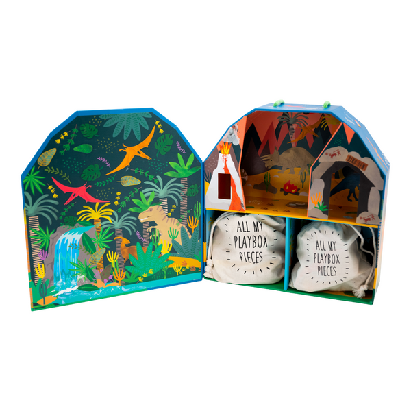 Dinosaurier Spielbox mit Szenerie und Holzfiguren