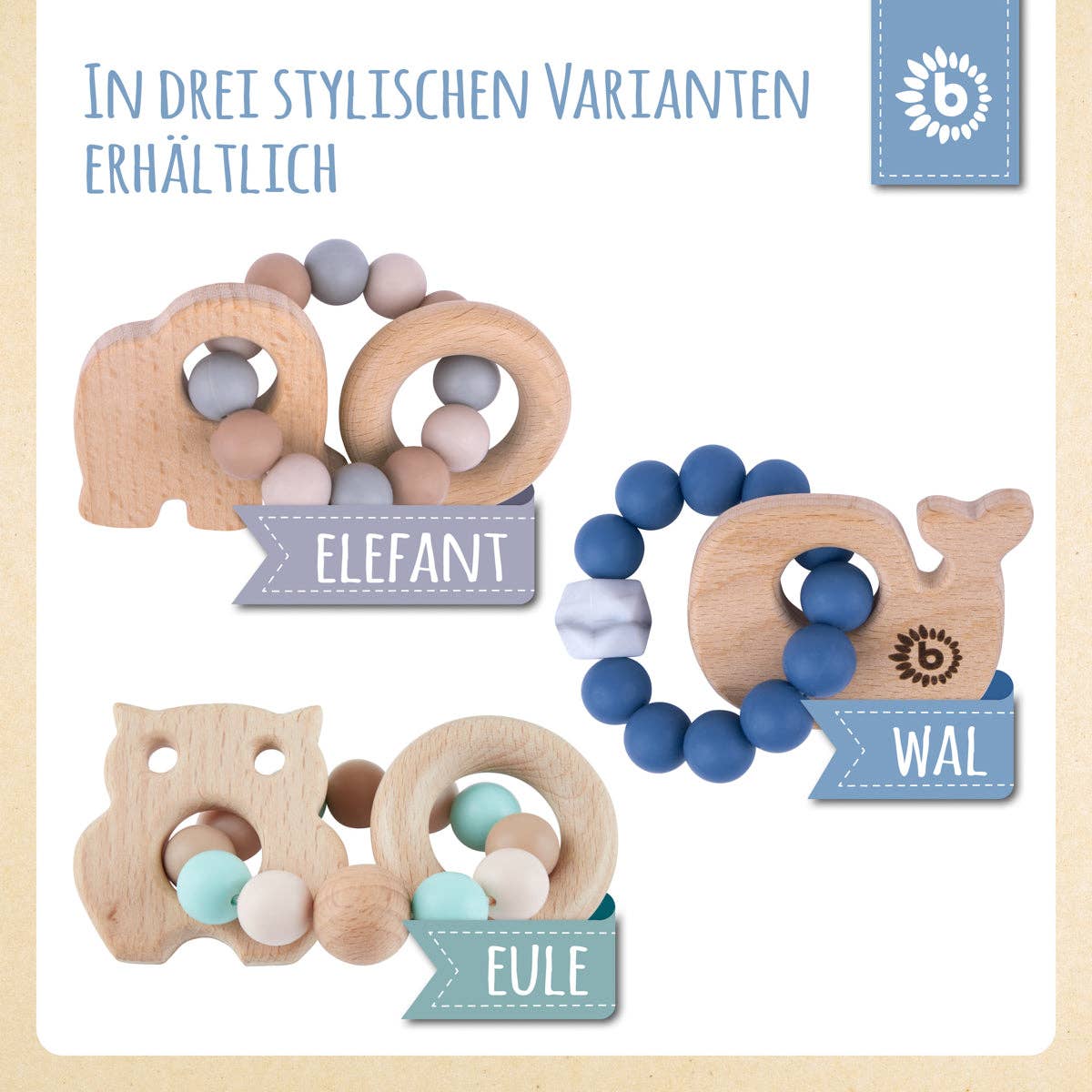 Beißring Wal aus Naturholz mit Silikonkette blau