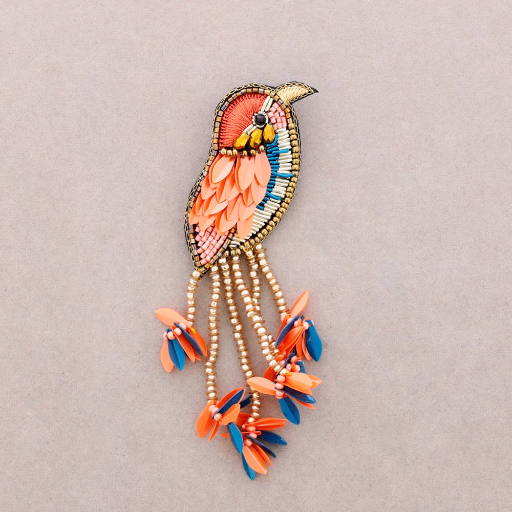 Pailletten-Brosche mit Vogelmotiv orange
