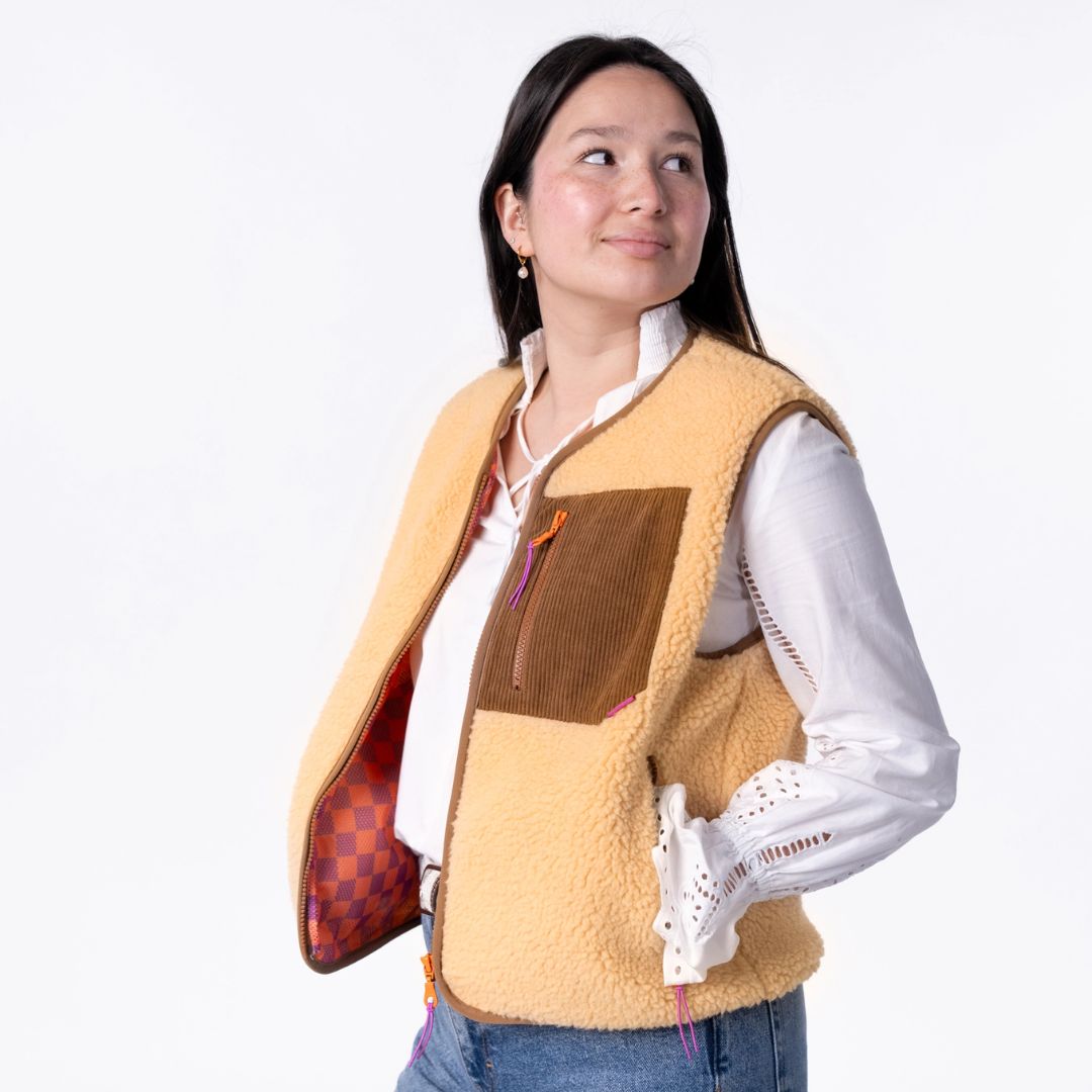Ärmellose Damen-Sherpa-Weste mit Reißverschluss beige