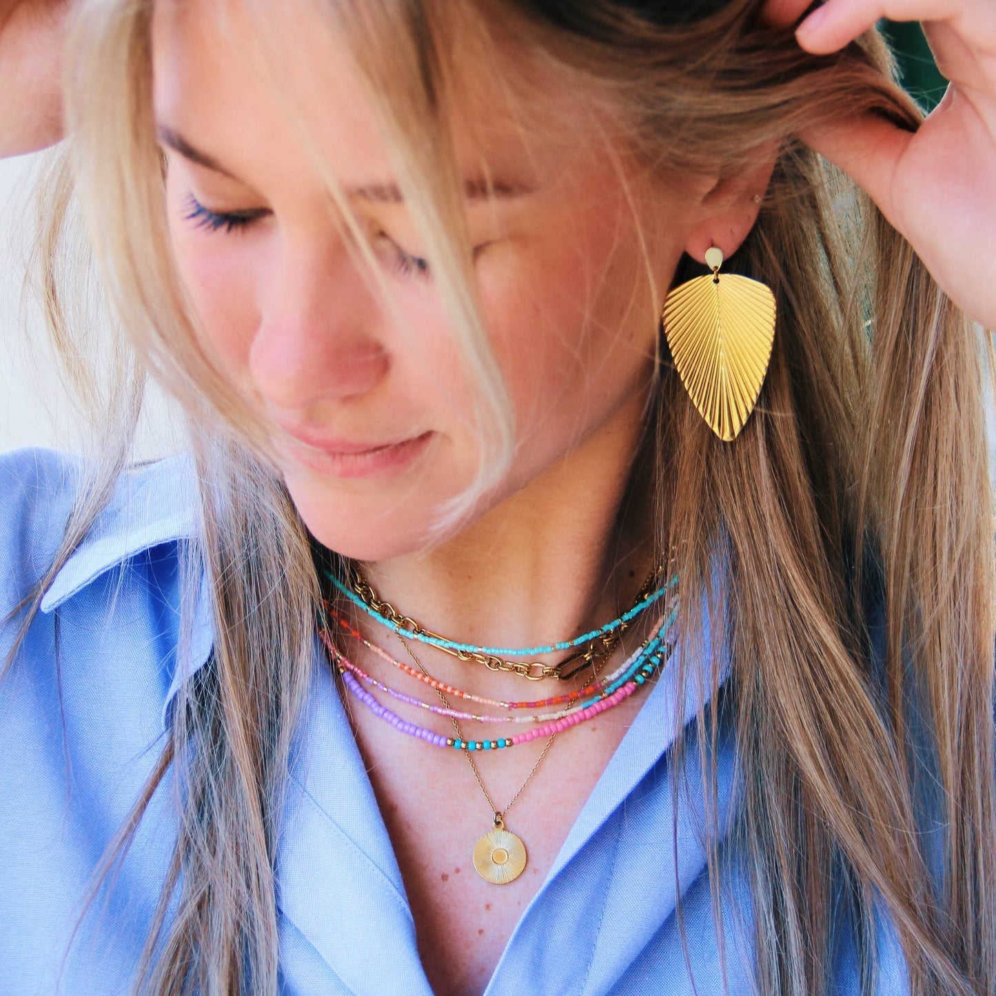 Damen Perlenkette 3fach rosa/burgunder/nude