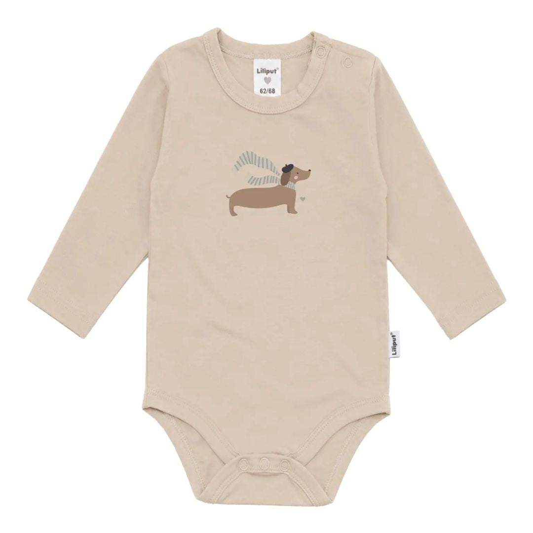 Baby Langarmbody mit Print 'Dackel' beige