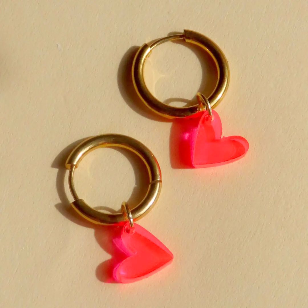 Damen Ohrringe Creolen 'Pink Neon Herzen' gold