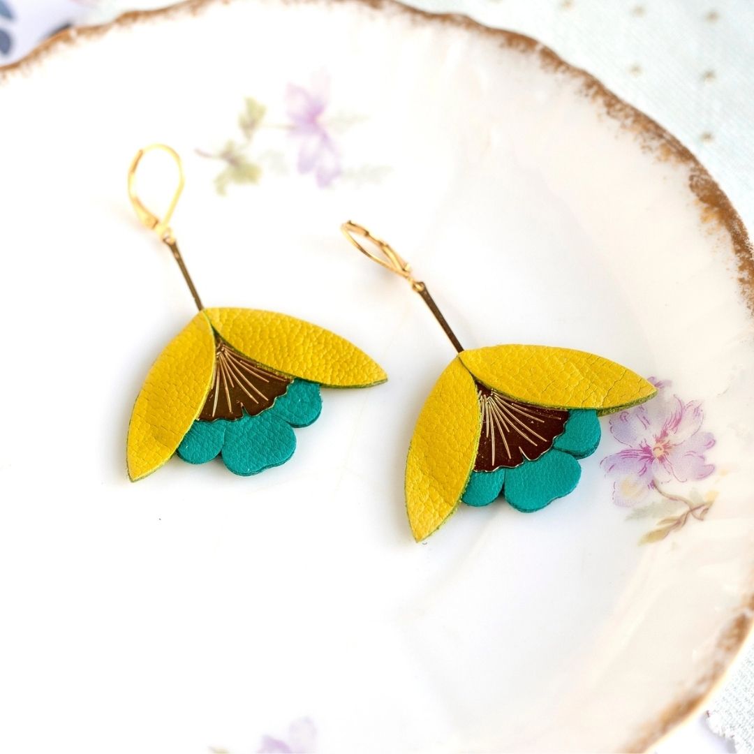 Damen Ohrringe 'Ginkgo-Blüten' gelb/grün