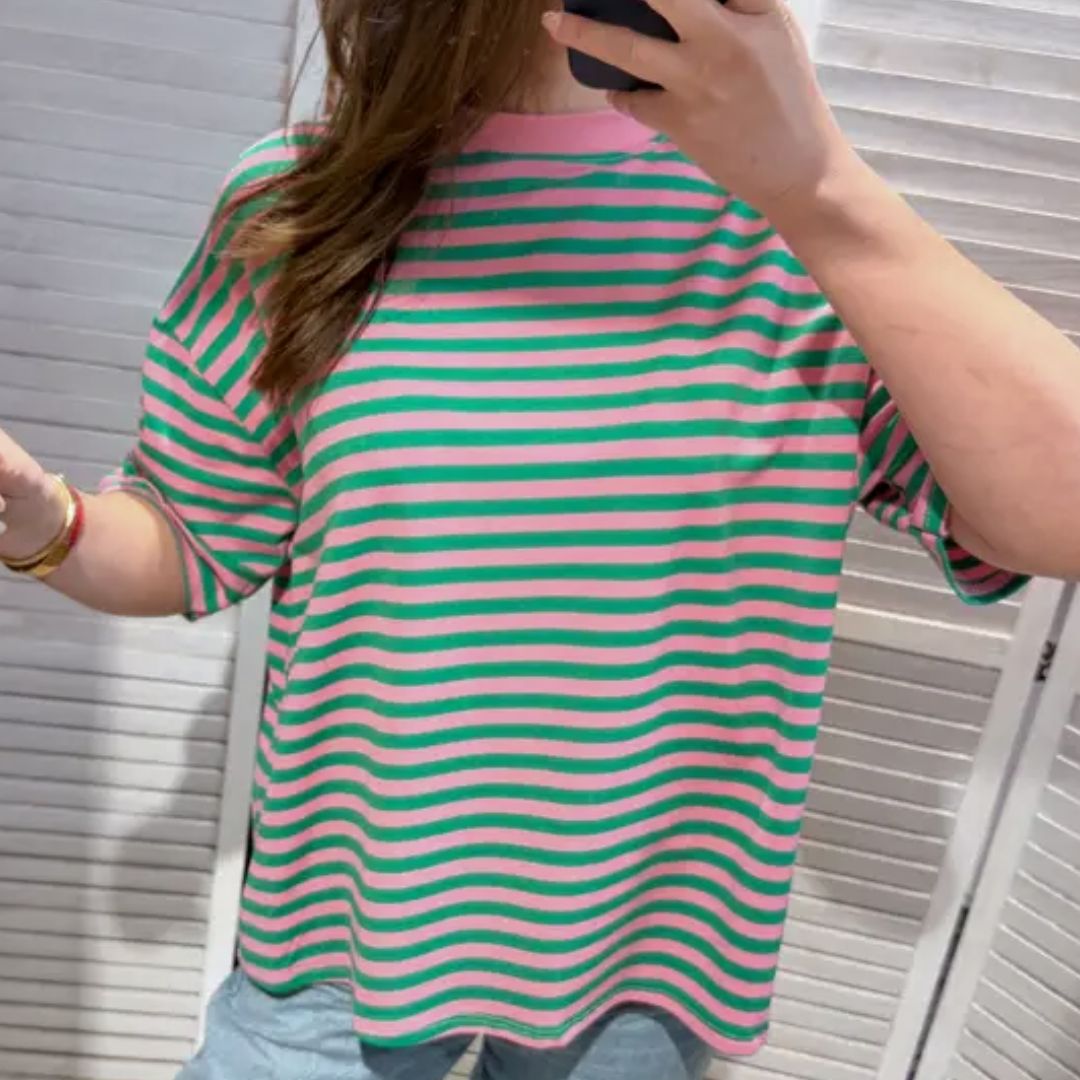 Damen T-Shirt gestreift grün/rosa/rosa