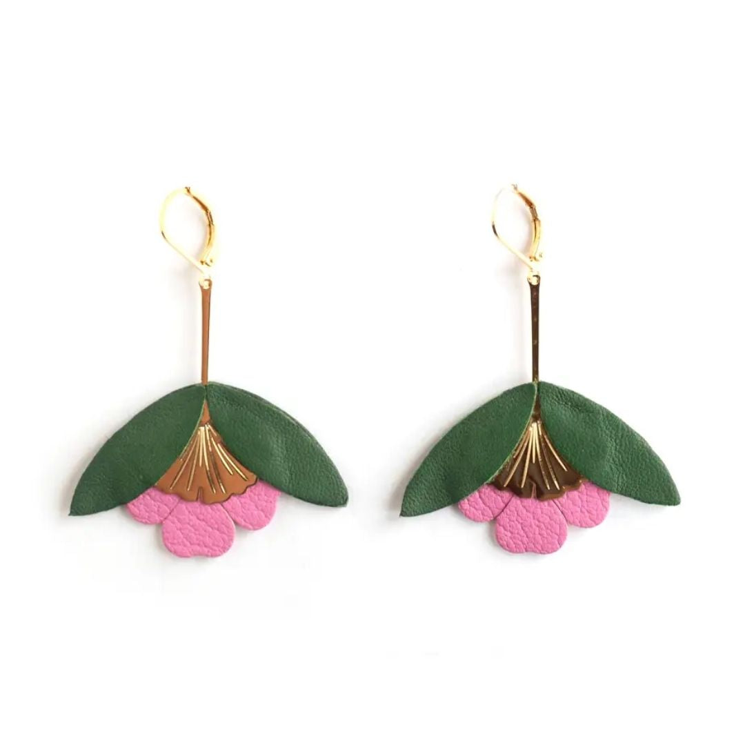 Damen Ohrringe 'Ginkgo-Blüten' grün/pink
