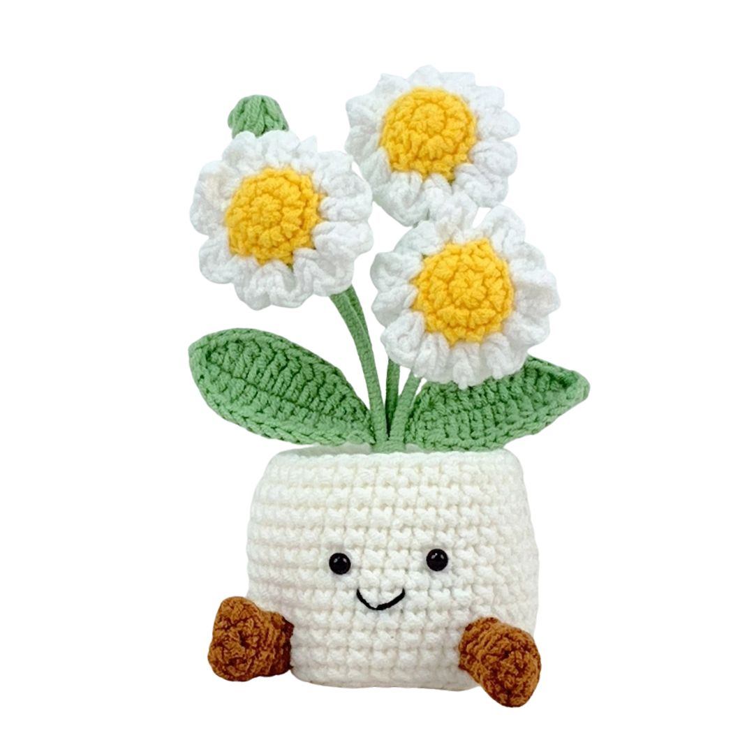 Gehäkelter Blumentopf 'Gänseblümchen-Design' weiß