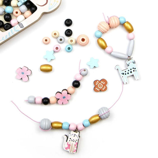 Holzperlen in Pastellfarben in Katzenbox 170 Stück