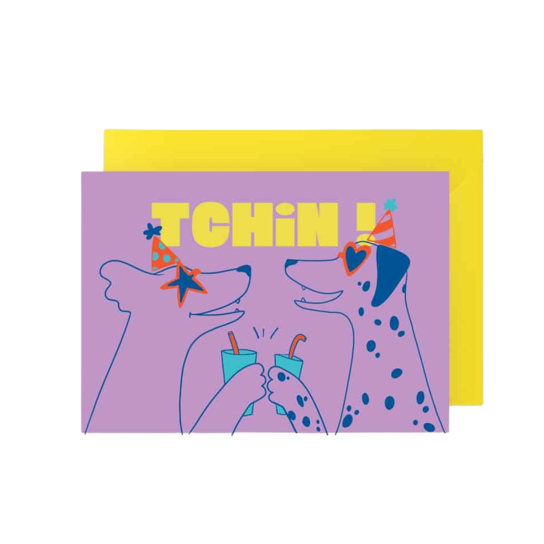 Postkarte mit Umschlag 'Hunde Tchin!' lila/gelb Querformat