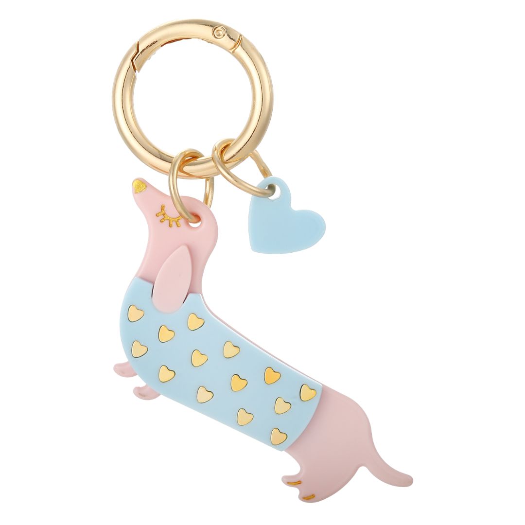 Schlüsselanhänger Dackel mit Herzen rosa/blau