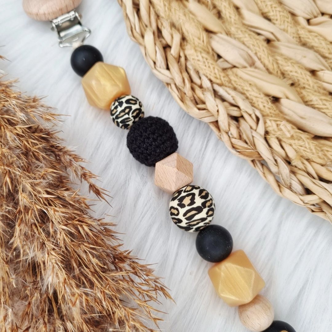 Schnullerkette 'Heart' schwarz/gold/leopard