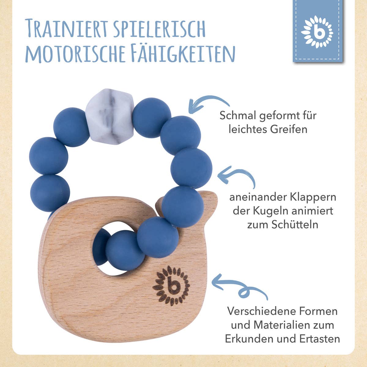 Beißring Wal aus Naturholz mit Silikonkette blau