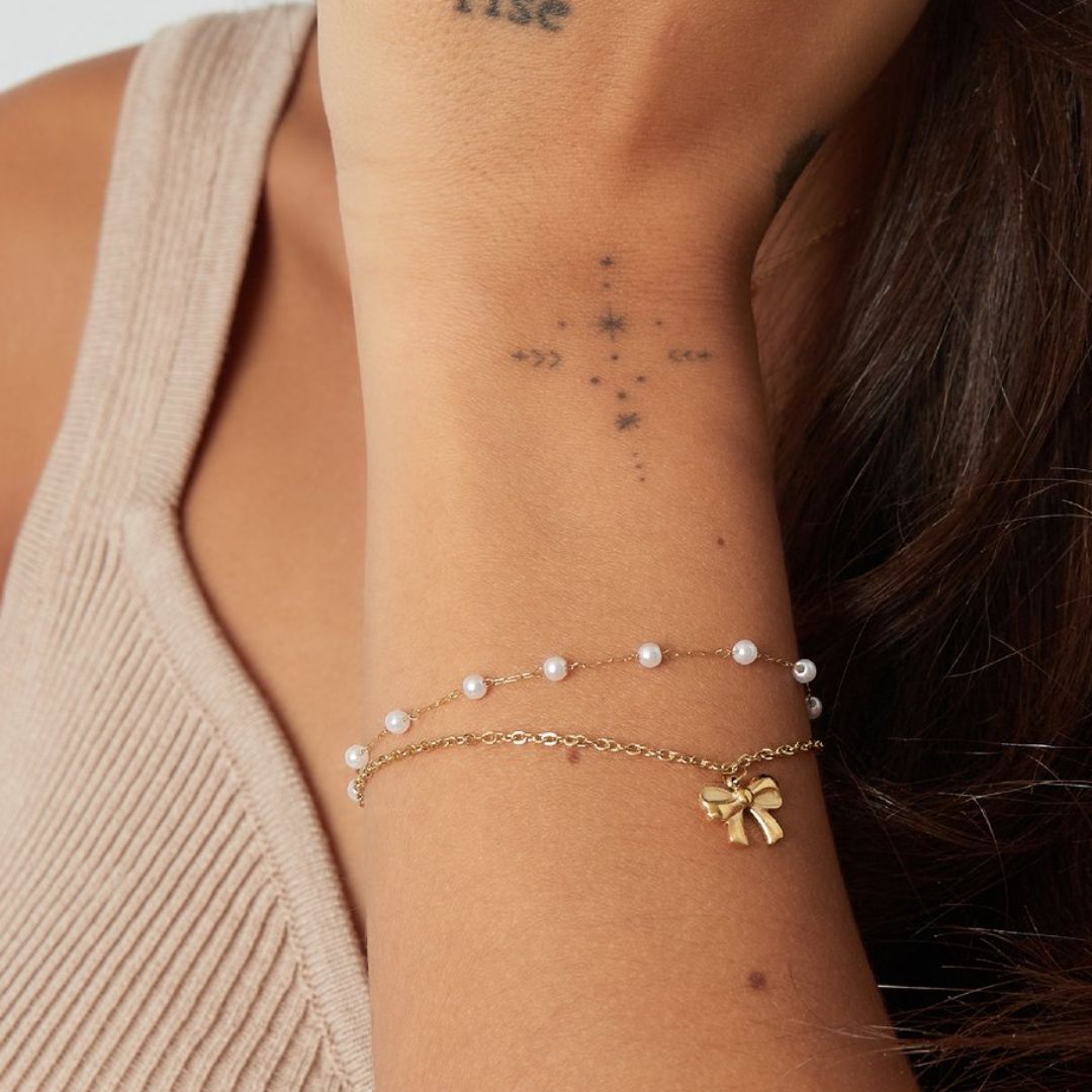 Damen Armband 'Double' mit Schleifen und Perlen silber