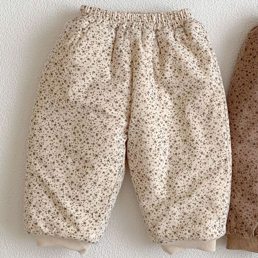 Baby Winter Hose geplüscht beige mit floralem Muster