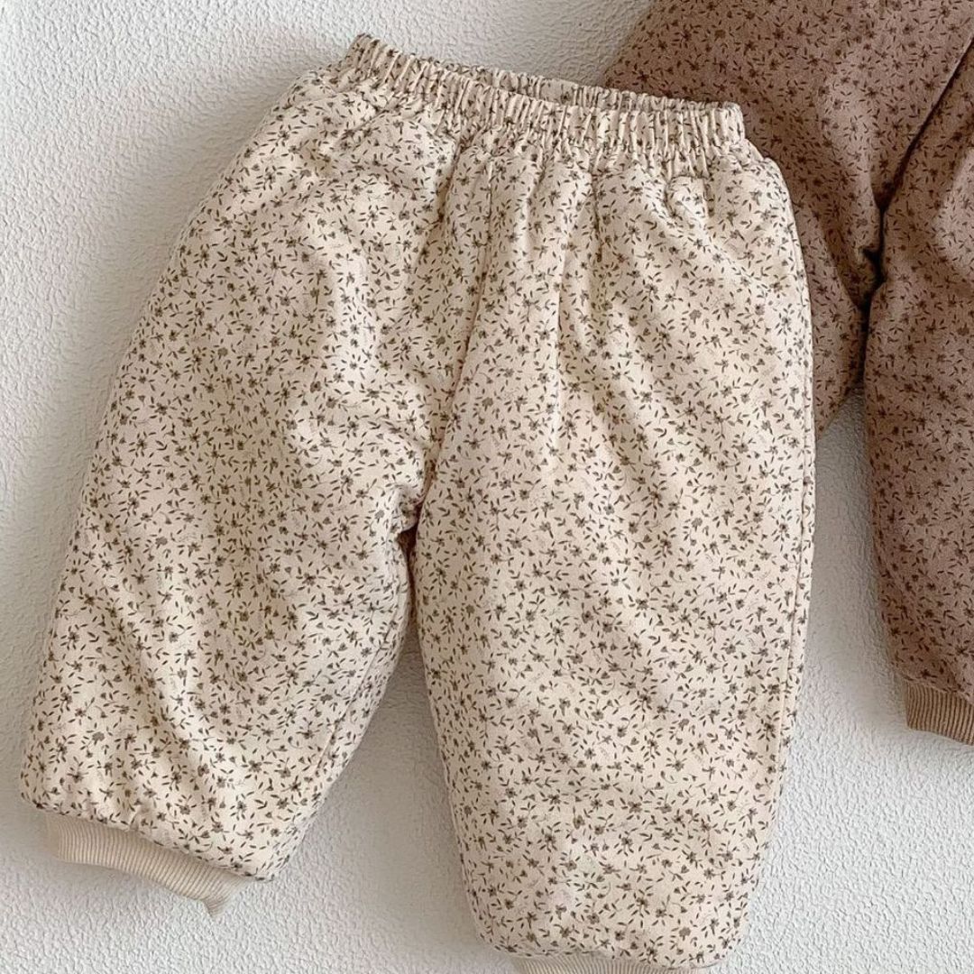 Baby Winter Hose geplüscht beige mit floralem Muster