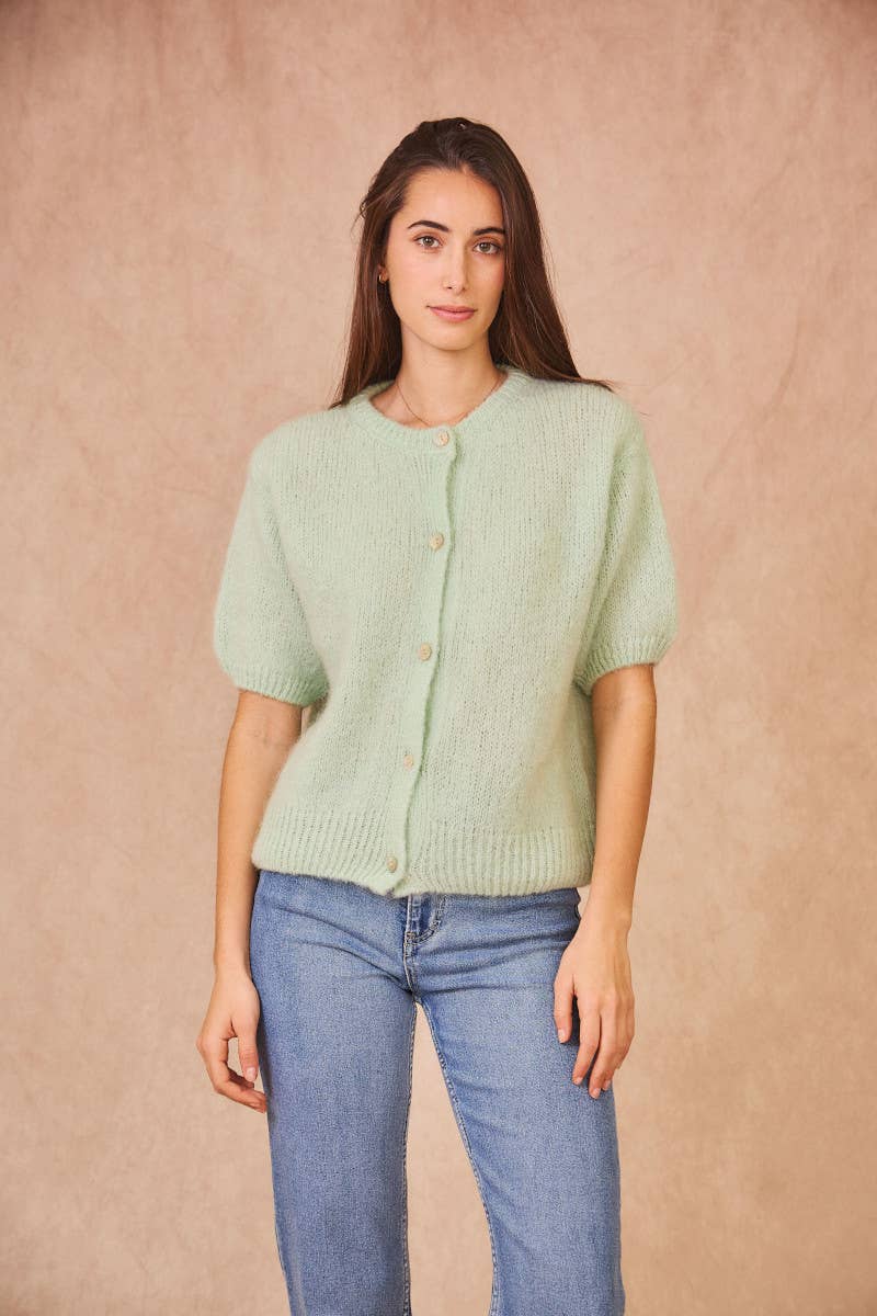 Kurzärmelige Kid-Mohair-Strickjacke mint