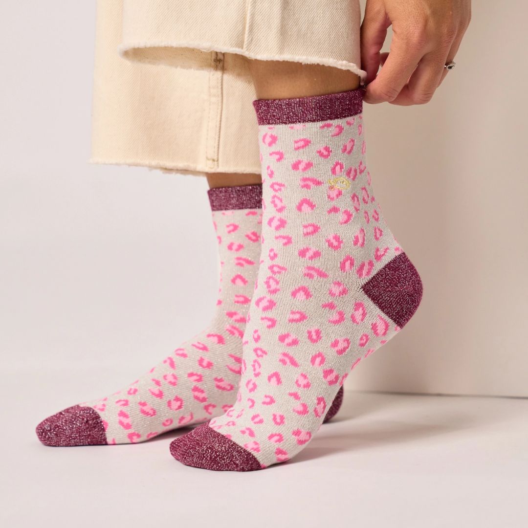 Glitzersocken Leopardenmuster ecru/bordeaux