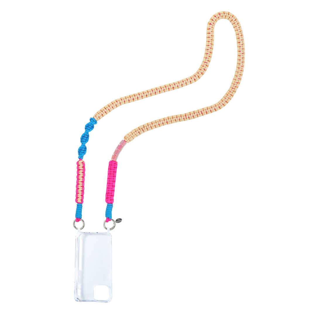 Damen Handykette handgflochten beige/blau/pink