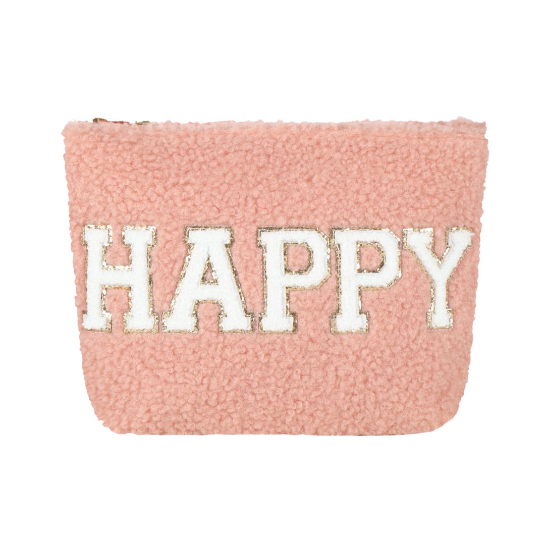 Make-up-Tasche aus Plüsch 'HAPPY' rosa