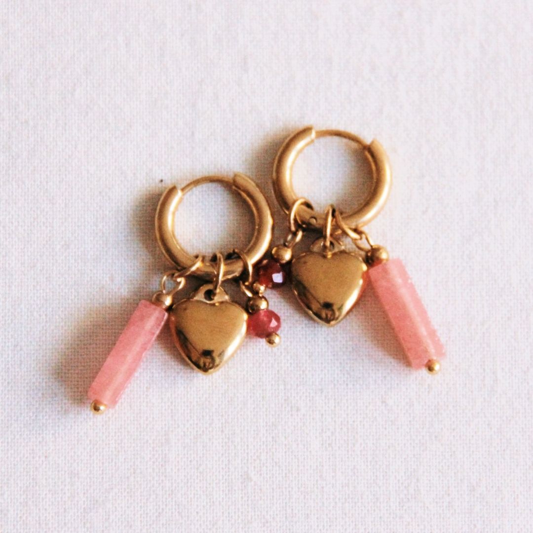Damen Ohrringe Creolen gold mit Applikationen pink