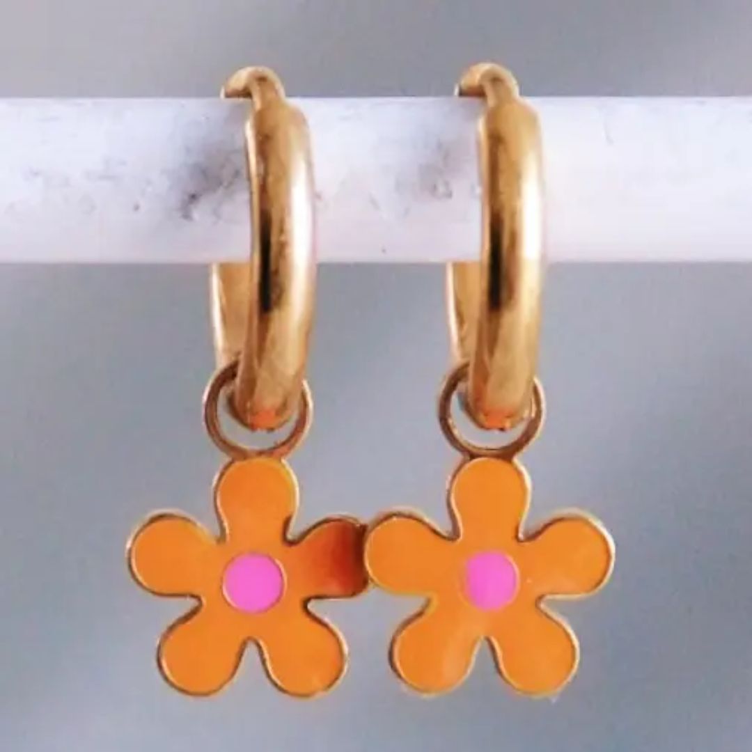Damen Ohrringe Creolen mit Blütenanhängern orange/pink
