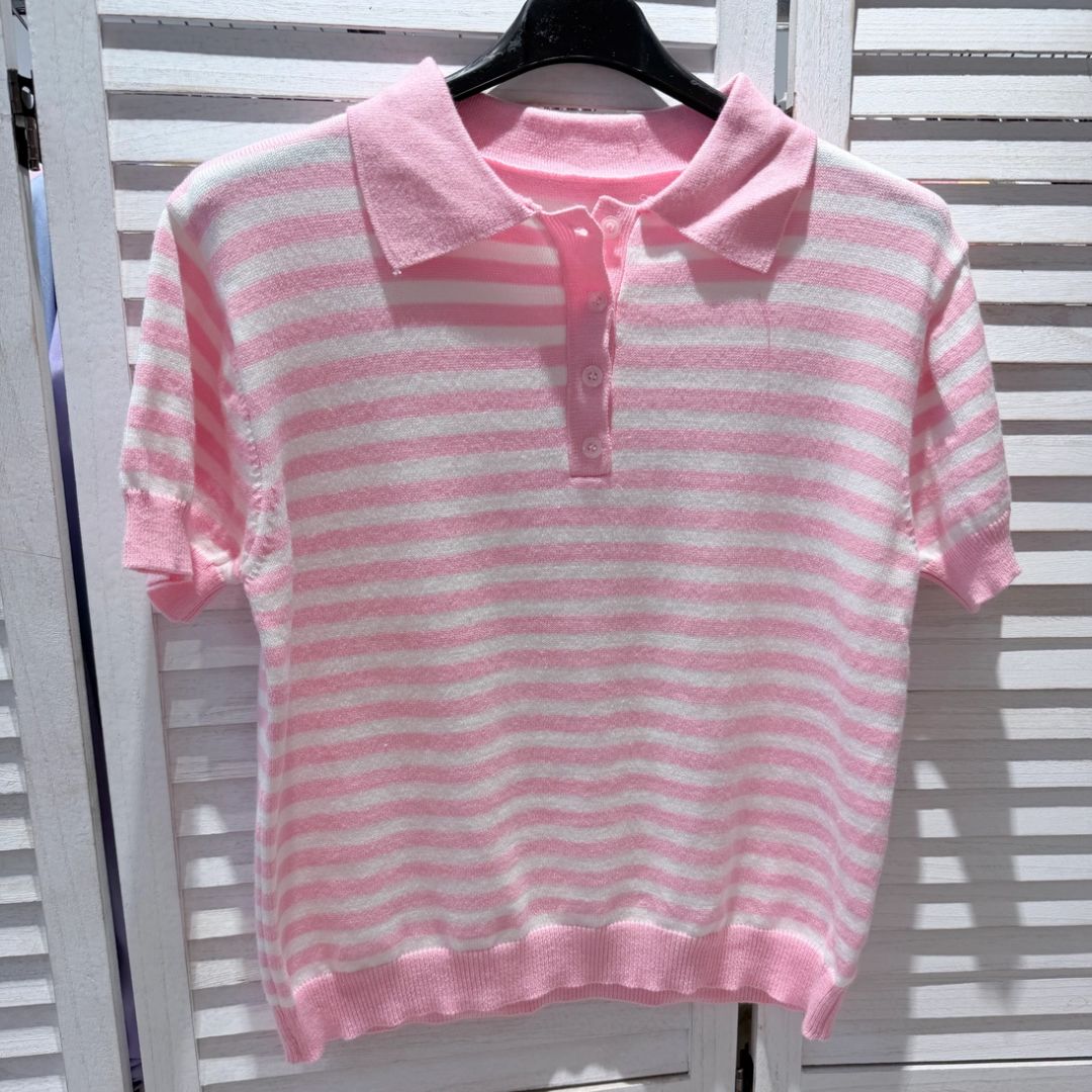 Damen Polo-T-Shirt gestreift rosa/ecru