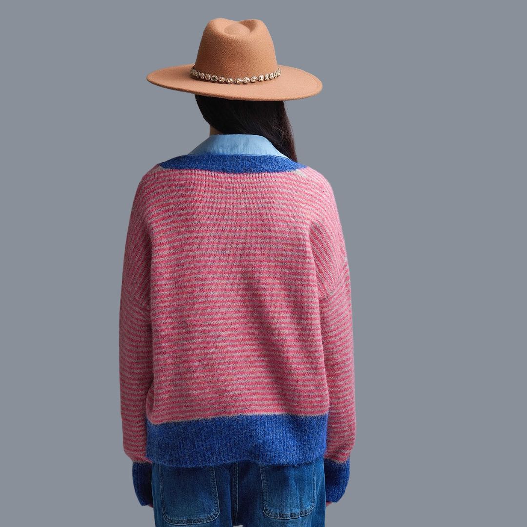 Gestreifter Damen Strickpullover fuchsia/blau