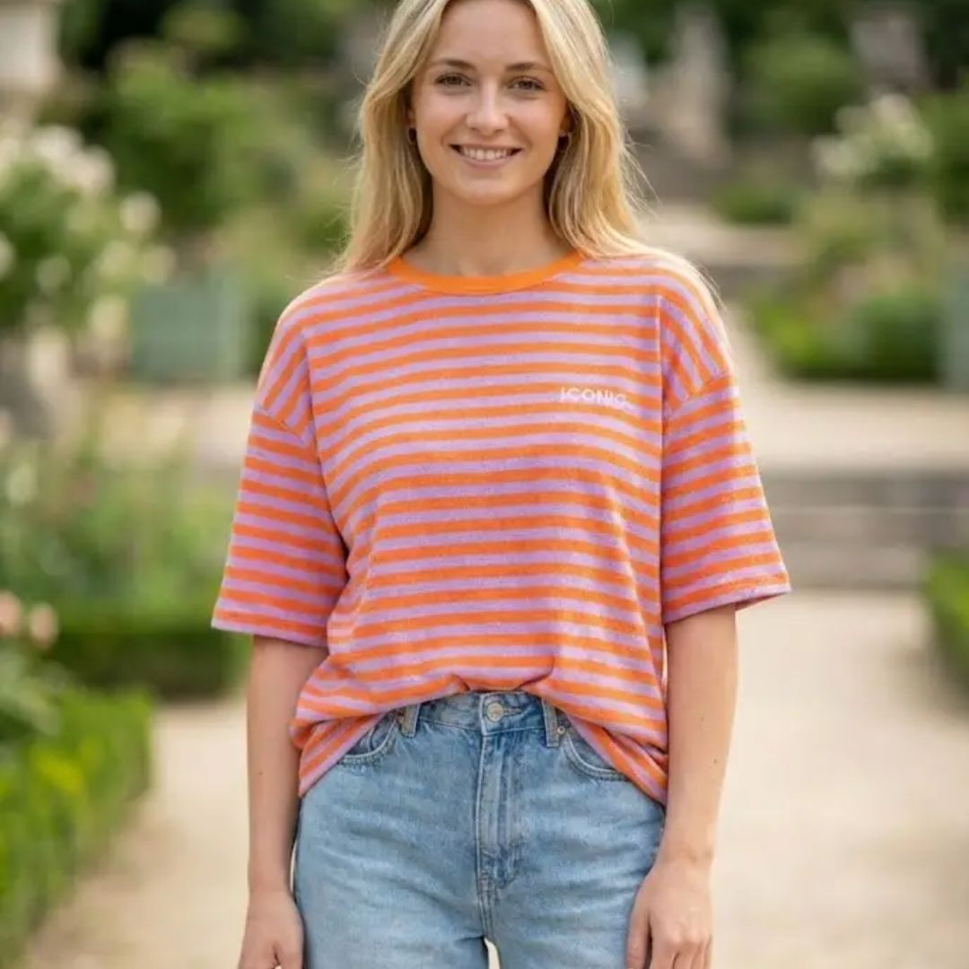 Damen T-Shirt gestreift orange/lila-orange