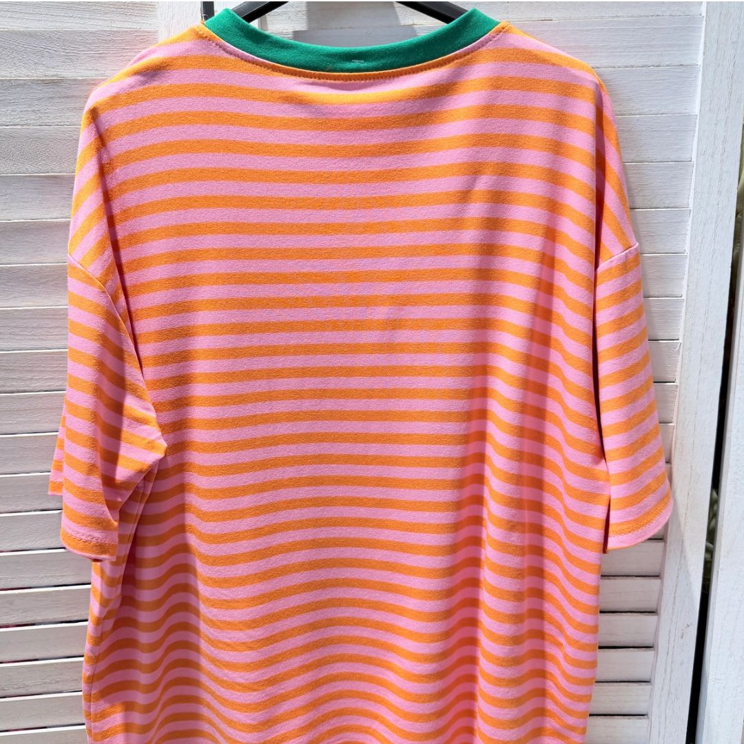 Damen T-Shirt gestreift rosa/orange-grün