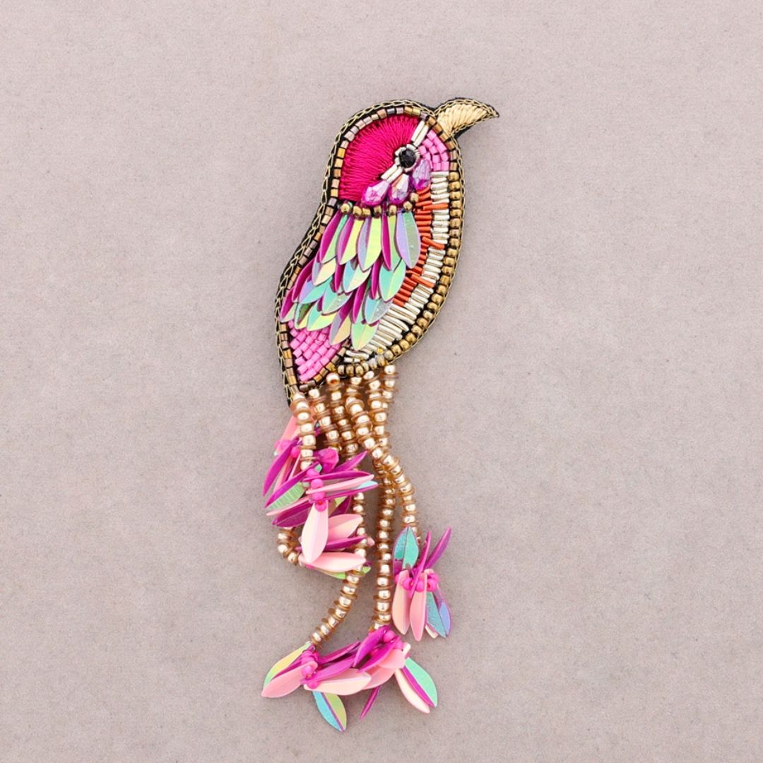Pailletten-Brosche mit Vogelmotiv pink