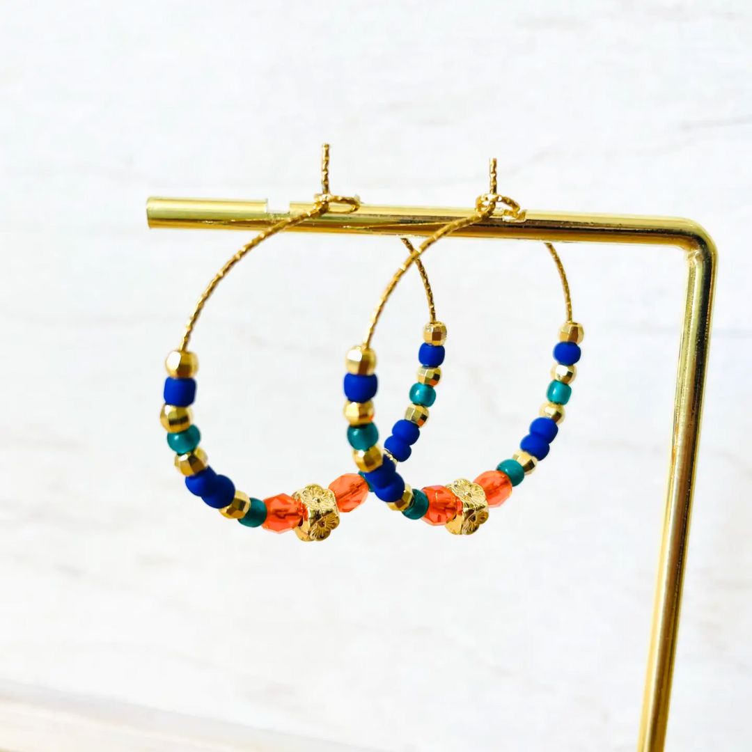 Damen Ohrringe Creolen Miyuki Perlen orange/blau/gold
