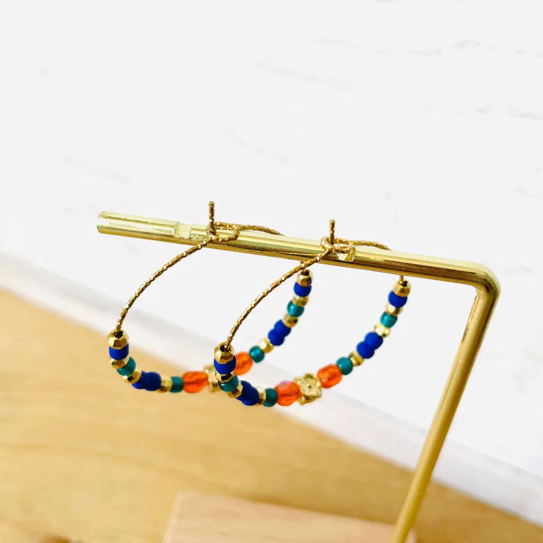 Damen Ohrringe Creolen Miyuki Perlen orange/blau/gold