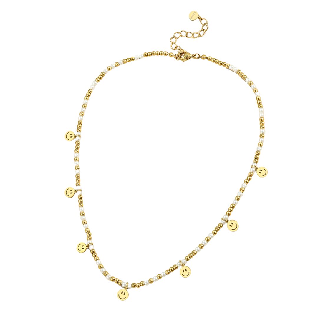 Damen Halskette Glasperlen und Smiley-Anhänger gold/pearl