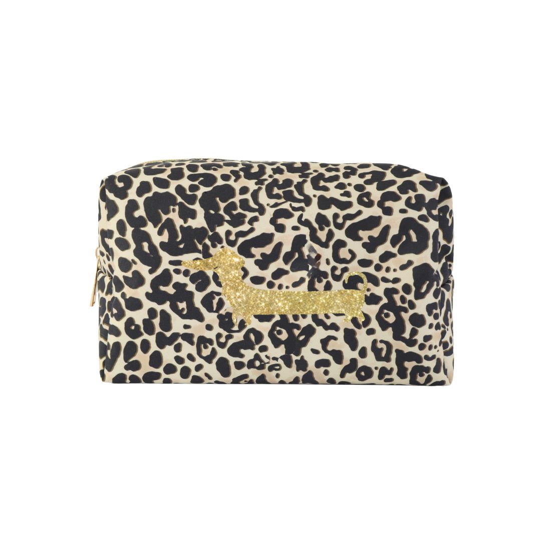 Damen Kosmetiktasche mit Dackel Applikation leopard