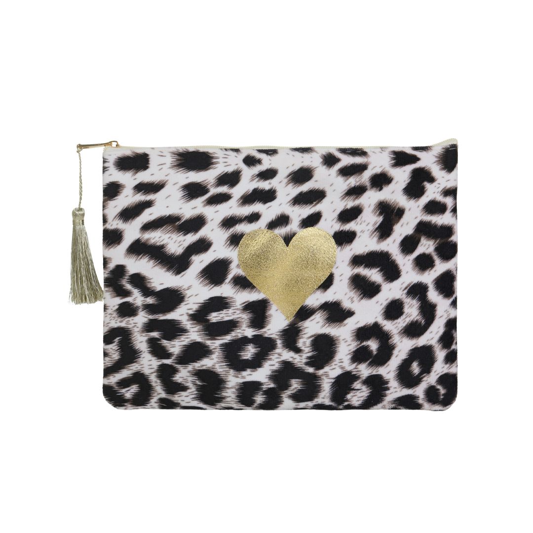 Damen Kosmetiktasche mit Herz Applikation leopard
