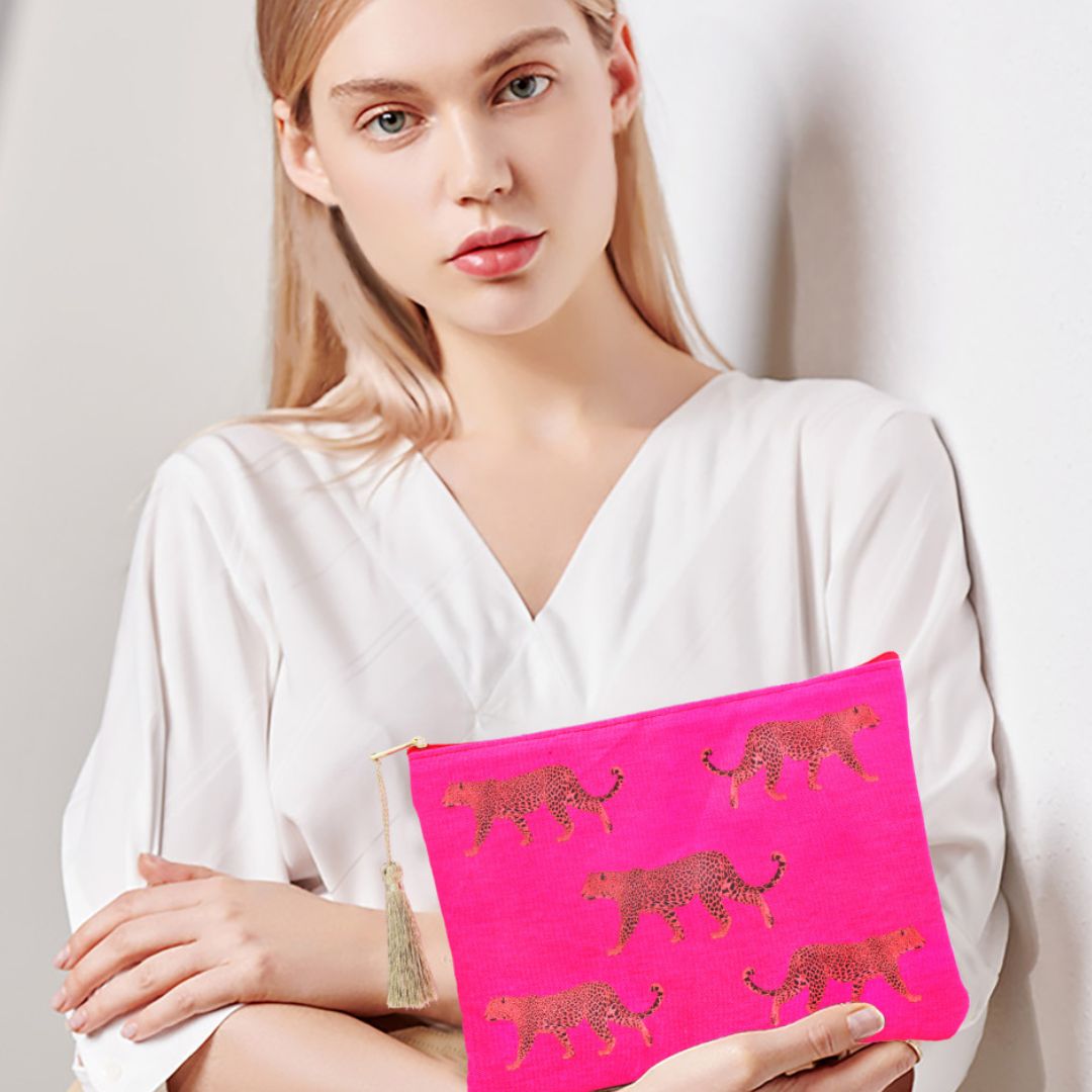 Damen Kosmetiktasche pink mit Leopardenmotiv