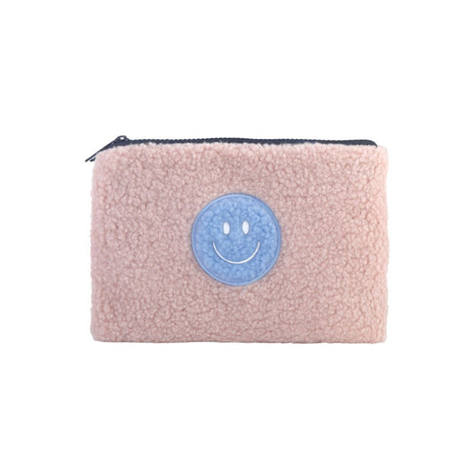 Damen Kosmetiktasche mit Teddyfell rosa und Smiley blau