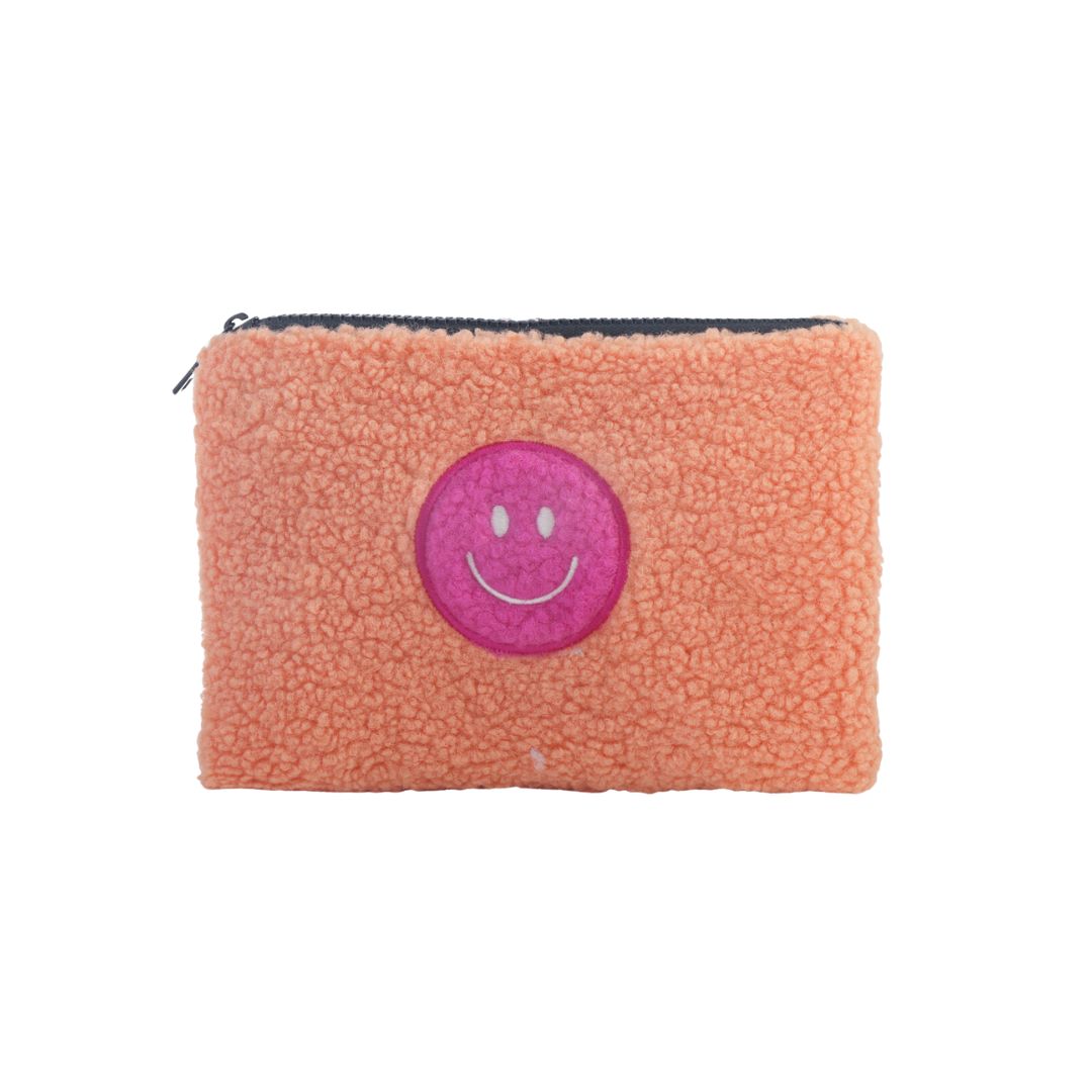 Damen Kosmetiktasche mit Teddyfell und Smiley orange