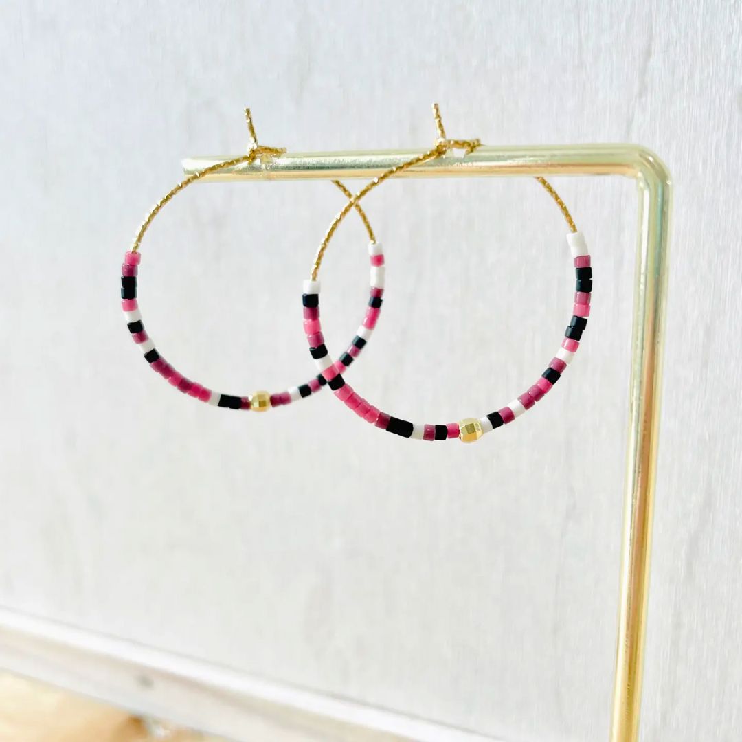 Damen Ohrringe Creolen Miyuki Perlen rosa/blau
