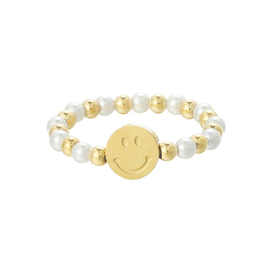 Elastischer Damen Perlen-Ring 'Smiley' gold